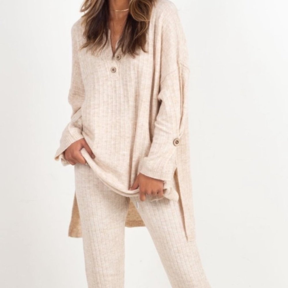 Free People Around the Clock Pullover + Jogger Sweatpants Set Oatmeal Sz Medium